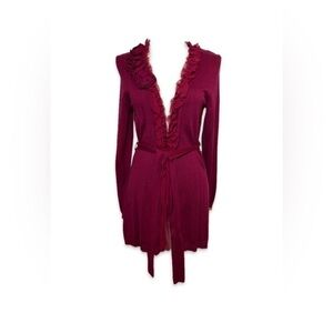 Elle Long Cardigan Sweater Women’s Size S Wine Color Belted